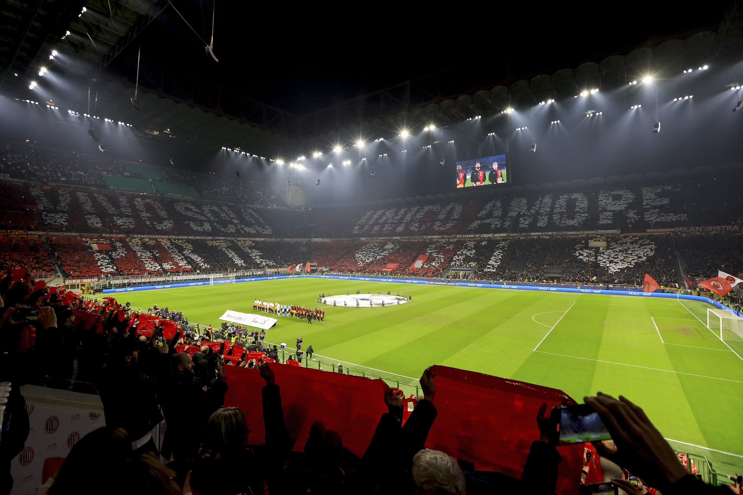 MILAN, ITALY - FEBRUARY 14: General view of Stadio Giuseppe Meazza San Siro prior to the UEFA Champions League round of 16 leg one match between AC Milan and Tottenham Hotspur at Giuseppe Meazza Stadium on February 14, 2023 in Milan, Italy. (Photo by Giuseppe Cottini/AC Milan via Getty Images)
